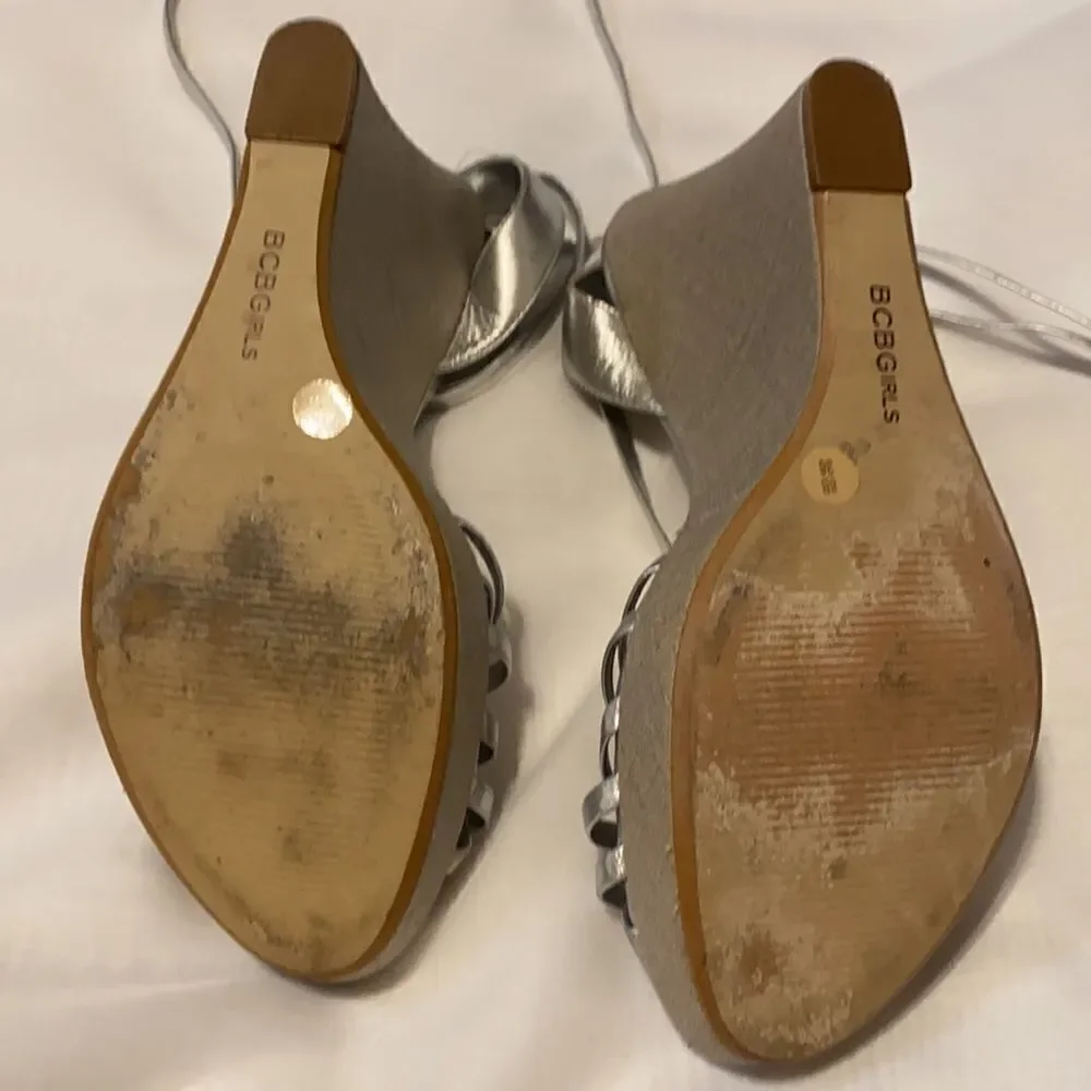 BCBGirls Silver Wedge Shoes 4.5 heels